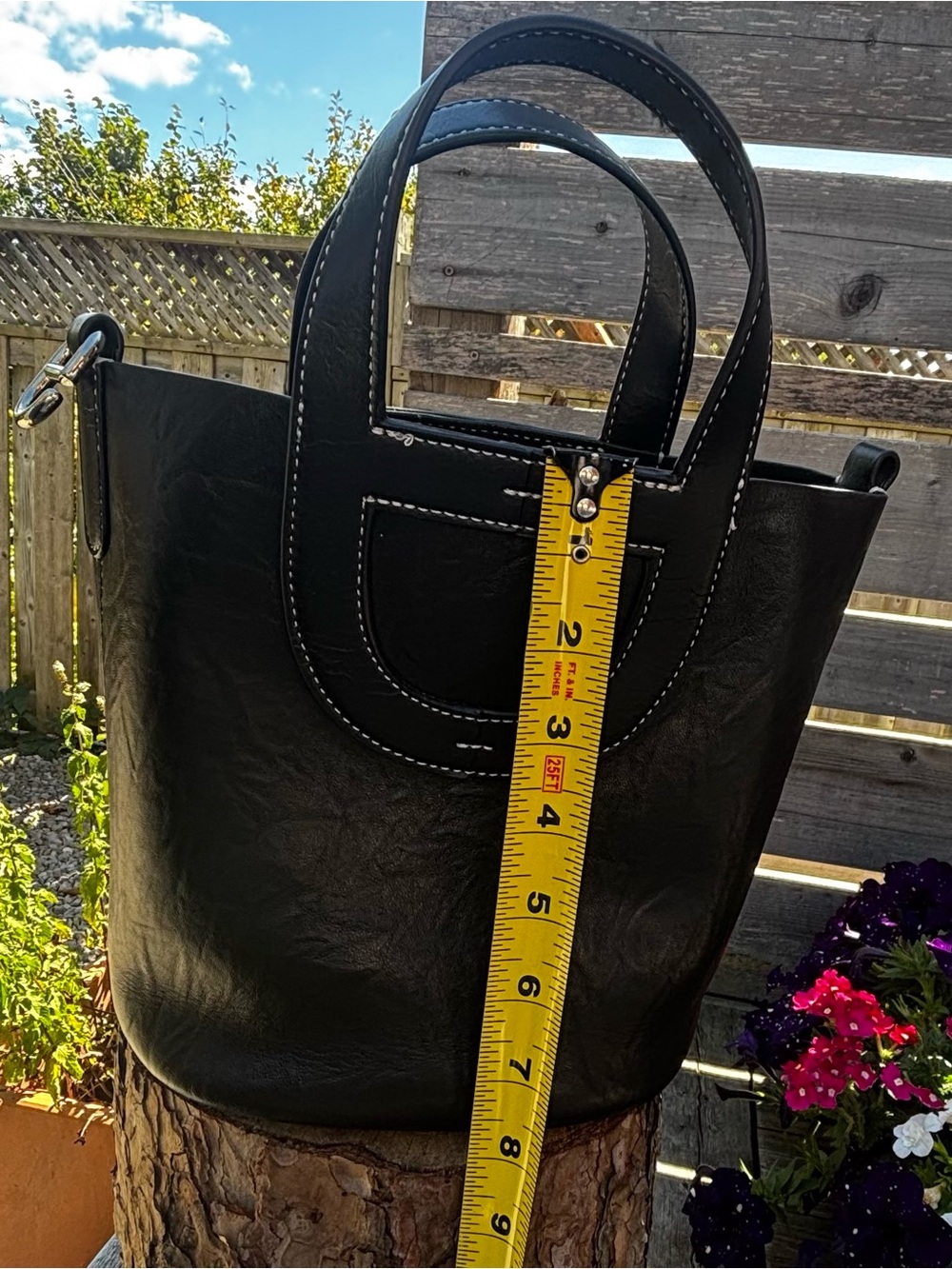 Black Vegan Leather Tote Bag with Contrast Stitching - Picture 3 of 9